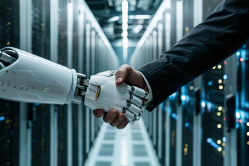 Modern AI robot hand shaking hands with a businessman inside a large data server room. Concept of partnership between artificial intelligence and human business.