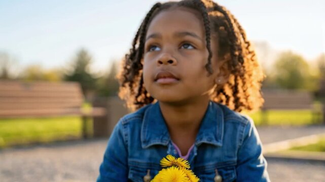 Ni&ntilde;a sosteniendo flores de diente de le&oacute;n mientras se agacha en el c&eacute;sped de un parque durante una tarde soleada.