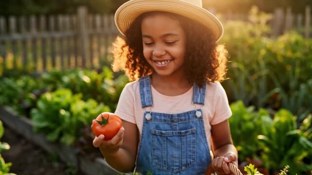 Ni&ntilde;a cosechando vegetales en una huerta org&aacute;nica al atardecer, con sombrero de paja y canasta de verduras.
