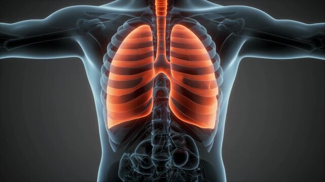 Detailed 3D animation of the human respiratory system showcasing the lungs expanding and contracting during the breathing process in a medical context