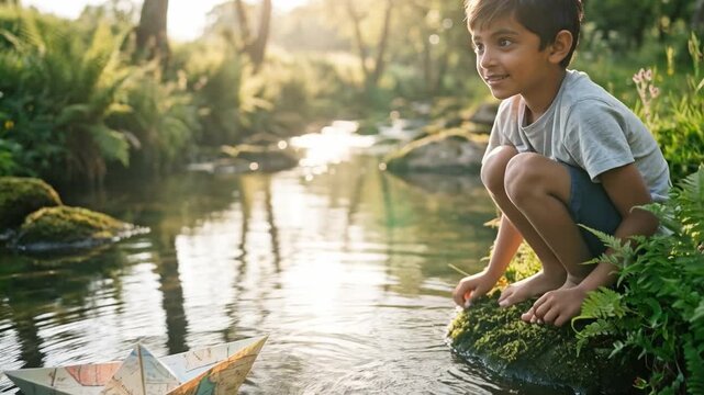 Ni&ntilde;o jugando con barco de papel en un arroyo rodeado de vegetaci&oacute;n al atardecer.
