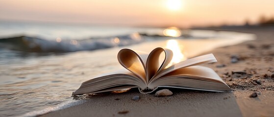 Open heart-shaped book on the beach at sunset with sunlight reflecting on the water and soft waves touching the shore