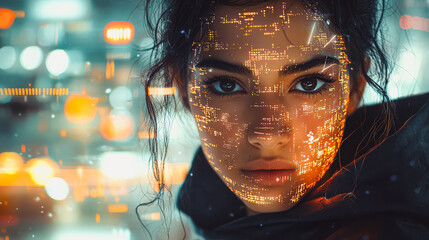 Girl looking into camera with orange database reflections on her face. Digital identity, cyber connection and big data visualization concept.