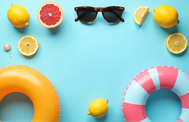 serene flat lay vibrant summer items sunglasses inflatables citrus fruits arranged artfully soft pastel blue background