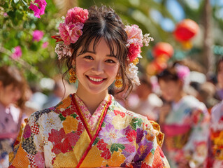 Young woman smiling outdoors wearing a colorful traditional floral patterned kimono with pink and red flowers in her dark hair festive atmosphere