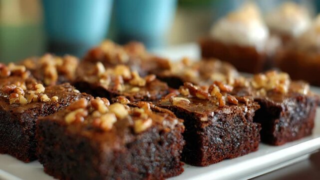 Close Up of Array of Brownies Topped with Nuts on White Plate with Brown Cupcakes and Blue Vases in Blurred Background