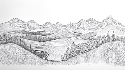 Mountain range, winding road, forest, valley, panoramic view, nature illustration, travel poster