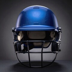 Fototapeta premium Shiny blue helmet with black grill on dark gray background