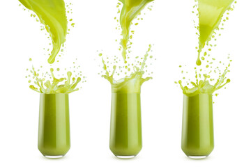 Streams of fresh green vegetable juices pouring into glasses with dynamic splashes, flying drops, isolated. Set of three glasses. Healthy organic drink for design of detox diet menu, fitness cuisine.