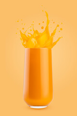 Fresh mango juice - bright flying drops and splashes of juice in glass on orange background. Healthy organic drink for detox diet menu, fitness food advertising, organic cuisine or restaurant, poster.