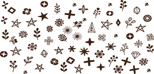 Collection of hand drawn tribal symbols and abstract shapes on a white background