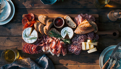 Charcuterie Board with Cheese and Meats on Wooden Table
