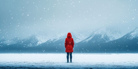 Woman in red coat enjoying snowfall in canada's frozen landscape