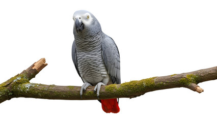 African Grey Parrot Perched on a Branch, isolated on white or transparent background. PNG