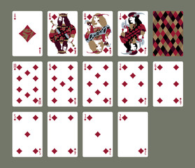 Playing cards of the suit of diamonds and back design in a minimalist flat style. Vector illustration