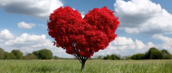 Heart shape tree stands in red field under blue sky on Valentine's Day with clouds in the background creating a simple and clear scene of love