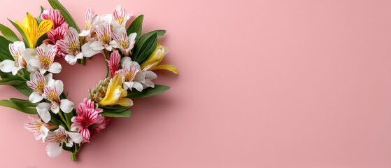 Obraz premium Spring flowers arrange in a bright heart shape on a pink background for a valentine theme with space for text