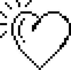 Fototapeta premium Radiant pixel heart icon minimalist retro 8 bit love symbol with shining lines, simple black outline on transparent background