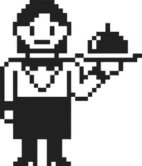 Obraz premium Pixel waiter holding covered dish, retro 8 bit restaurant server icon, simple black white hospitality character illustration