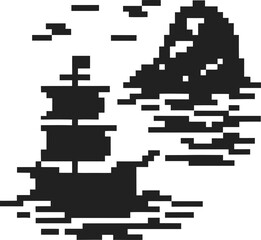 Pixel art sailing ship at sea with rocky island silhouette, minimalist black and white nautical ocean adventure scene