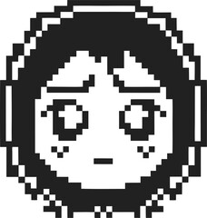Fototapeta premium Pixel art sad face avatar icon with worried expression, retro black and white emoticon, simple nostalgia gaming profile
