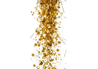 Ultra-detailed, hyper-realistic, still-life photograph of highly polished golden metallic confetti and tinsel streamers falling dynamically against a transparent studio backdrop, festive celebration