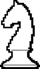 Fototapeta premium Knight chess piece icon in retro pixel art style, black outline horse figure symbol on white background, minimal digital illustration