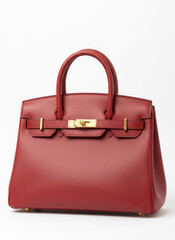 Red Leather Handbag: Capturing elegance, the focus is on a finely crafted, red leather handbag, showcasing its rich texture, intricate hardware, and timeless design.