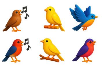 Vibrant Singing Birds Icons. 3D icon set of singing birds: nightingale in song, canary on perch, lark in flight, robin with notes,