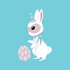Cute white Easter bunnies, color clothes, cutie bows, pattern eggs. Spring collection. Sticker design. Set of easter eggs, pretty rabbits. Happy Easter. Greeting cards, birthday decoration, poster art