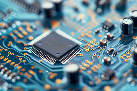 Close-up of an electronic circuit board with microchips and other components.