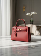 Luxury Handbag on Display: Exquisite red leather handbag, a symbol of luxury and sophistication, placed elegantly on a marble surface, radiating timeless elegance and style.