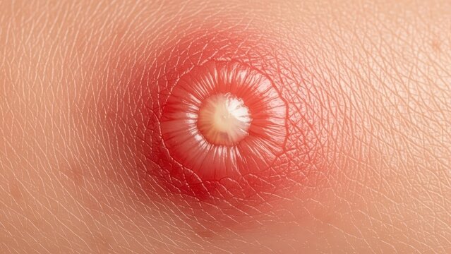 Close-up of an infected pimple on human skin