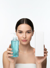 Radiant Skin Revelation: A woman with glowing skin, showcasing a cosmetic product, represents beauty and skincare in a modern light.