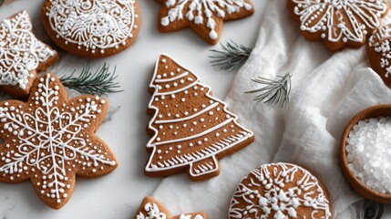 Festive Christmas gingerbread cookies with white icing designs