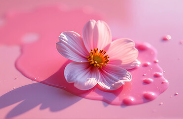 delicate flower submerged vibrant pool pink acrylic paint splattered petals glisten soft diffused morning sunlight