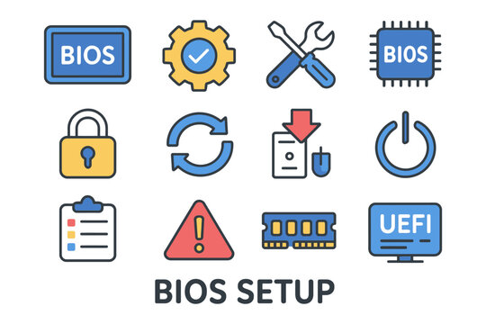 Bios setup tools icons: gear, lock, uefi, power, chip, repair, warning.