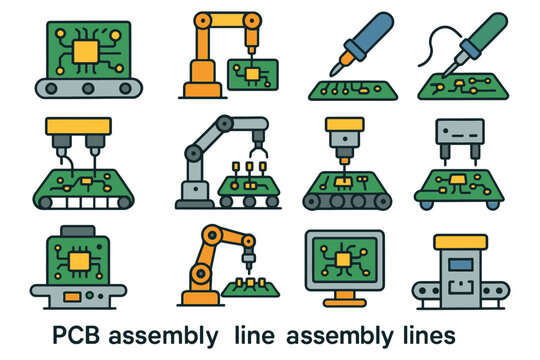 Colorful icons of pcb assembly and robotic automation process.