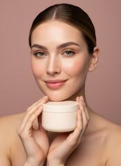 Beauty and Skincare Elegance: A woman with flawless skin holds a skincare product, epitomizing the essence of beauty and self-care.