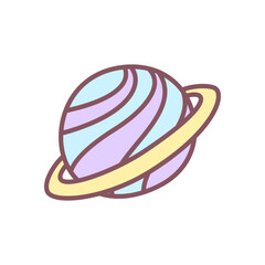 Cute planet icon. Stylized ringed planet in soft rainbow hues for dreamy, space-themed design. Kawaii sticker. Vector 10 EPS.