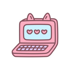 Cute laptop icon. Funny doodle illustration of a pink notebook decorated with cat ears. Kawaii sticker. Vector 10 EPS.