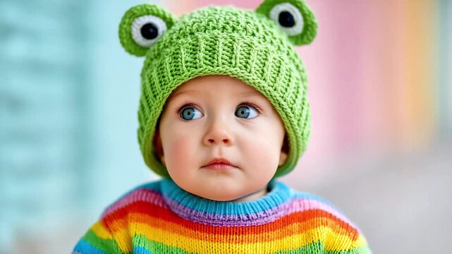 Baby wearing colorful frog hat and sweater with surprised expression  