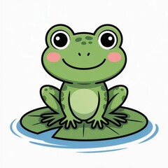 Fototapeta premium Cute Drawing of a Frog Sitting on a Lily Pad in a Calm Pond With Clear Water and a Friendly Expression