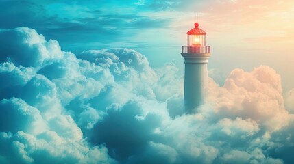 Lighthouse Beacon Amidst Clouds - A Surreal Dreamscape.