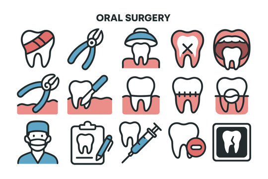 Oral surgery icons: tools, teeth, procedures, dentist, healthcare, dental.