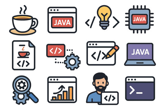 Programming and java icons with male developer and coding elements.