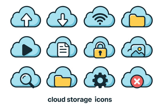 Cloud storage icons set with upload, download, and security symbols.