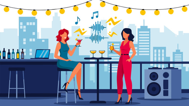 Two women enjoying drinks and music at a vibrant rooftop bar party with a city skyline background.