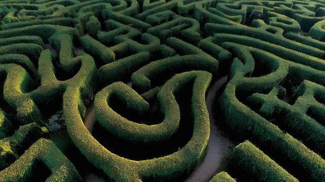 Aerial View of Green Maze with Winding Paths and Complex Patterns Illuminated by Natural Sunlight Creating a Feeling of Mystery and Exploration in Outdoor Setting
