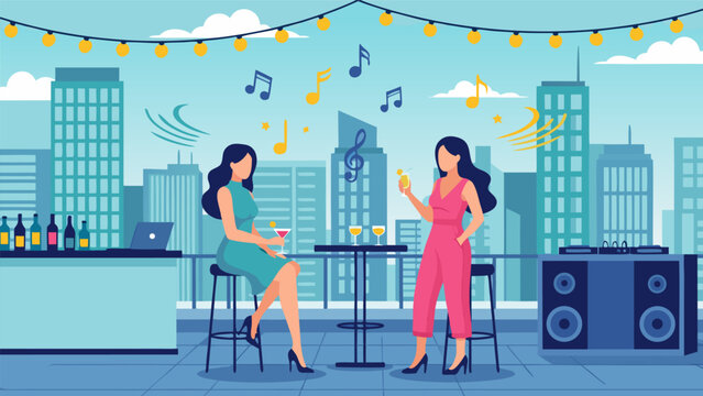 Two women enjoying a rooftop party with music and drinks in a city setting.